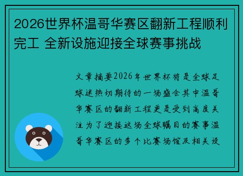 2026世界杯温哥华赛区翻新工程顺利完工 全新设施迎接全球赛事挑战