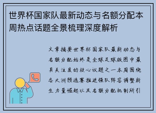 世界杯国家队最新动态与名额分配本周热点话题全景梳理深度解析